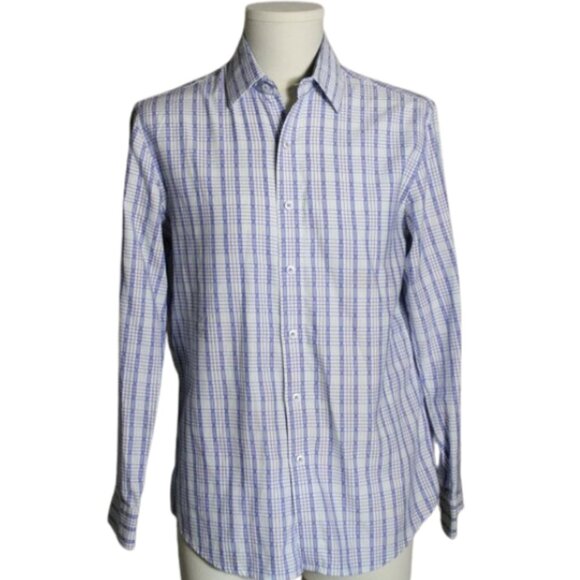 Tasso Elba SZ SM Indigo Blue, Aqua & White Plaid LS Men's Button Up Shirt - Picture 2 of 10